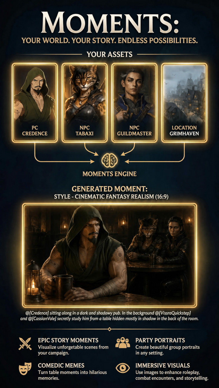 Moments: connect your PCs, NPCs, and locations through the Moments engine to generate cinematic campaign illustrations.